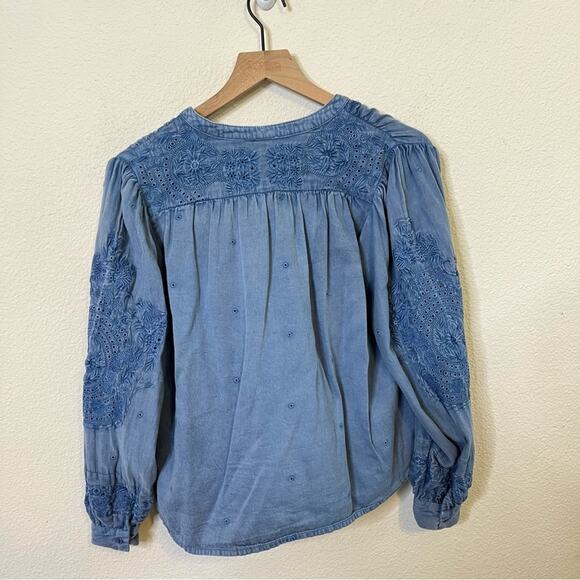 Anthropologie Seen Worn Kept Embroidered Cotton Flare-Sleeve Blouse Blue Size 4 - Picture 13 of 15